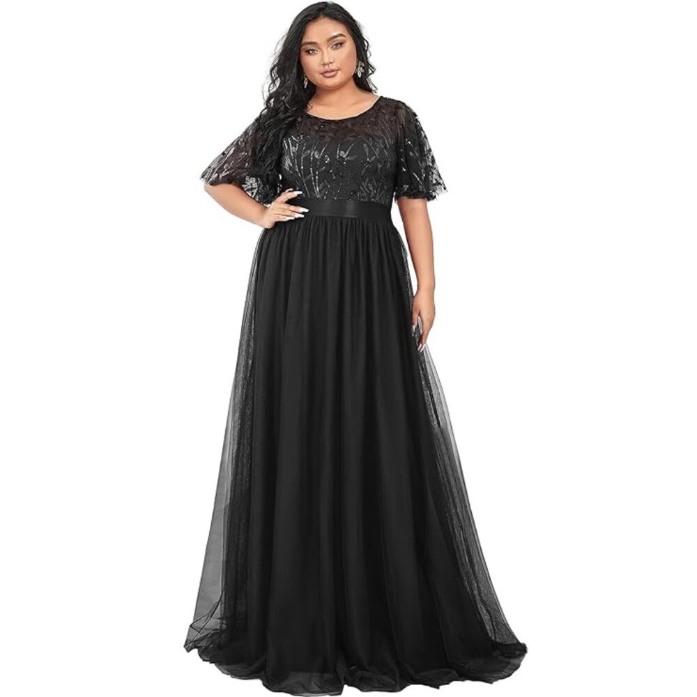 NWT Ever Pretty Black A-Line Tulle Sequin Flutter Sleeve Gown Long Formal Dress - Picture 11 of 11